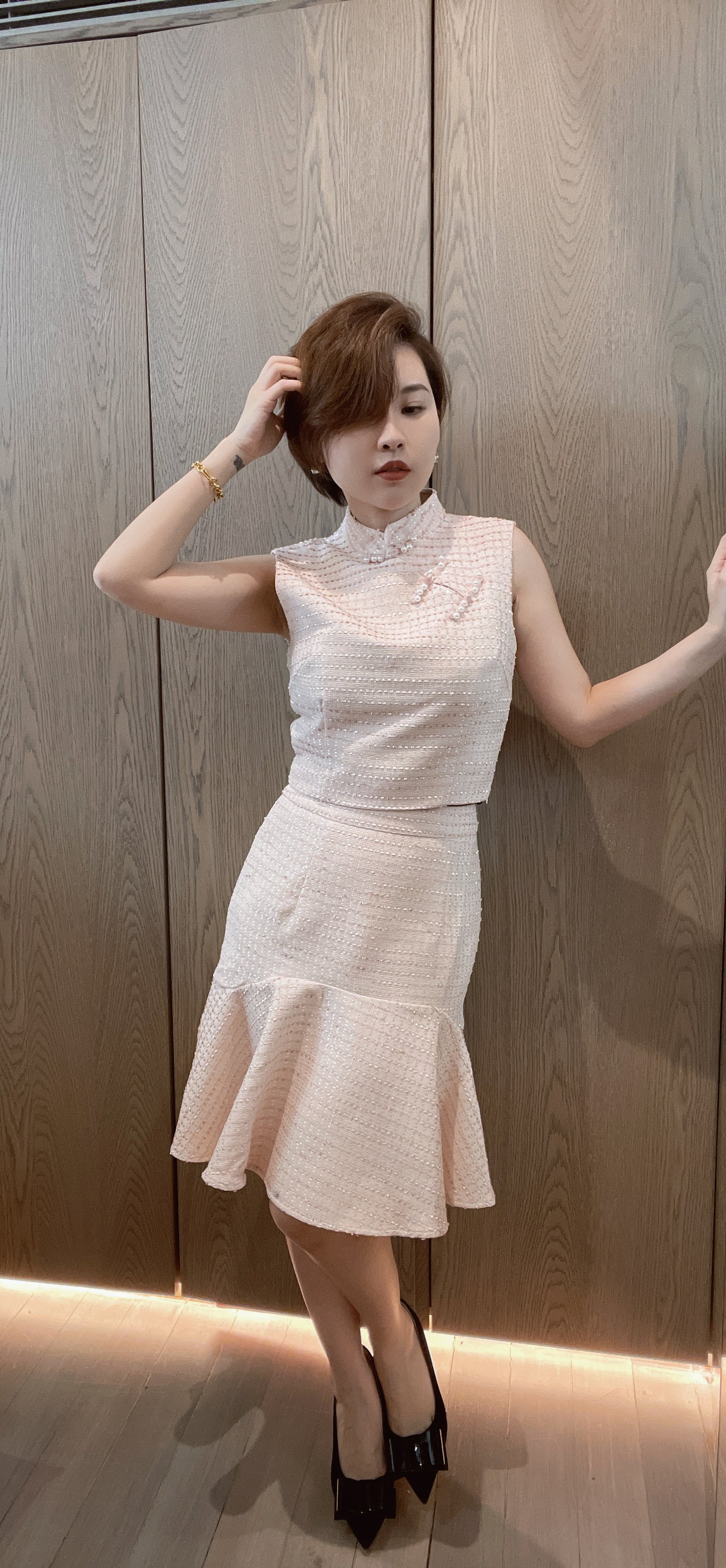 Chanchan Mandarin Collar Tweed Crop Top