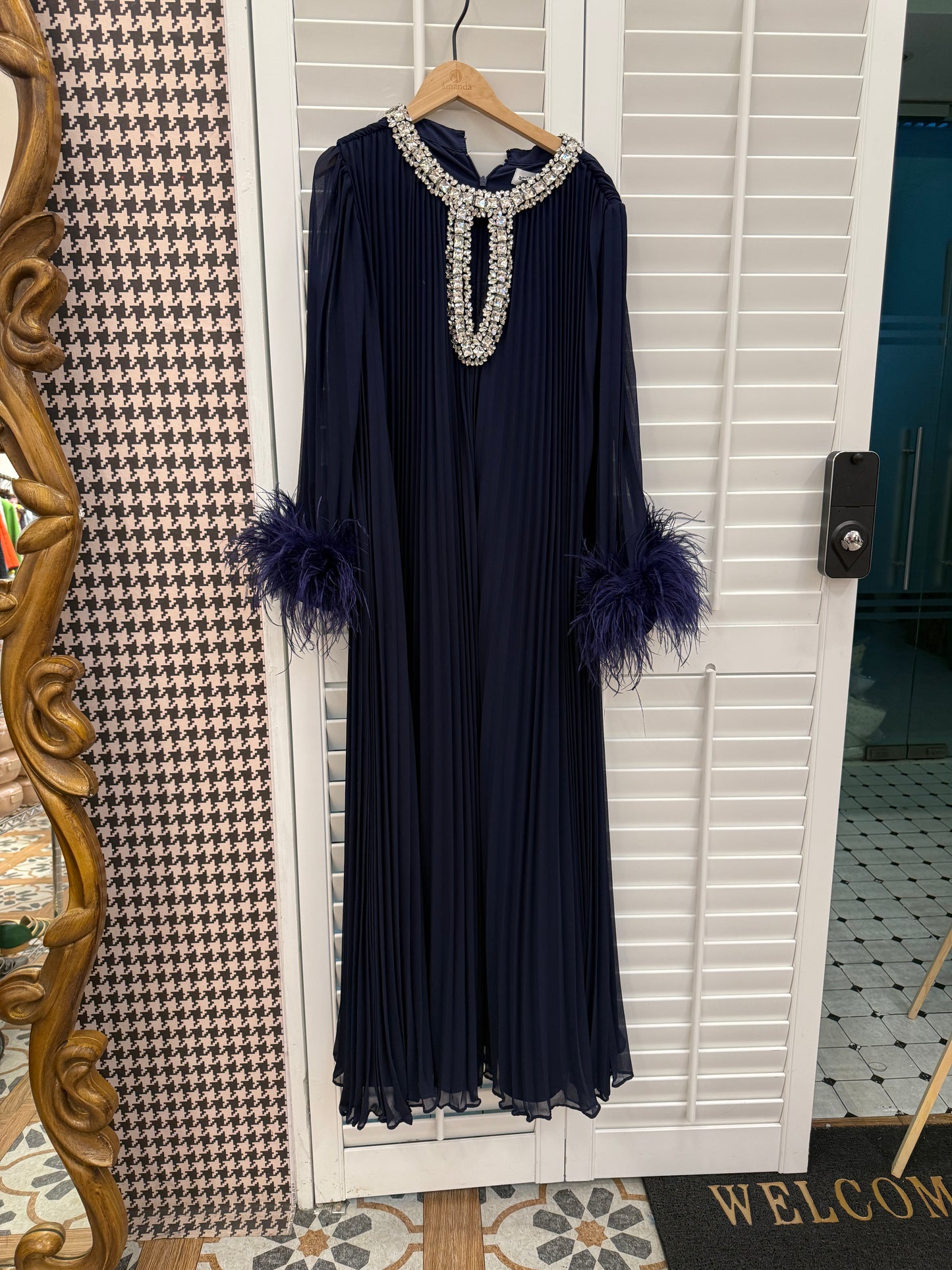 Ilaria Pleated Long Sleeve Ostrich Feather Gown