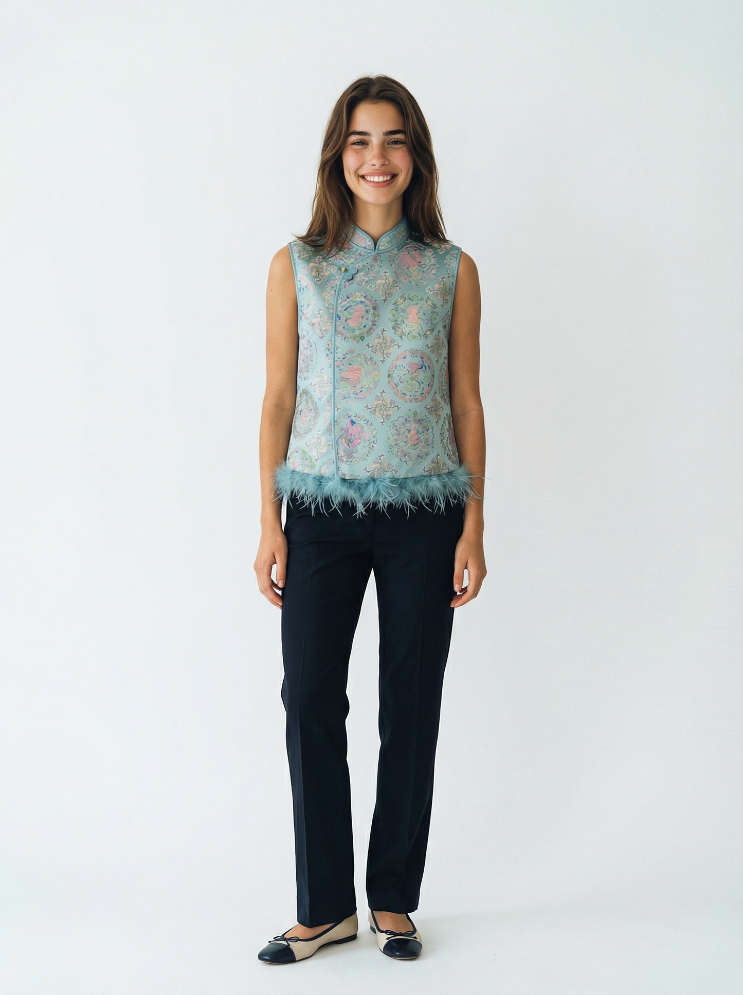 Mèng Yáo Silk Brocade Vest with Feather