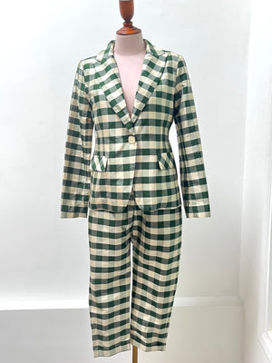 Hosta Checkered Jacket With Pants Silk Suit Set