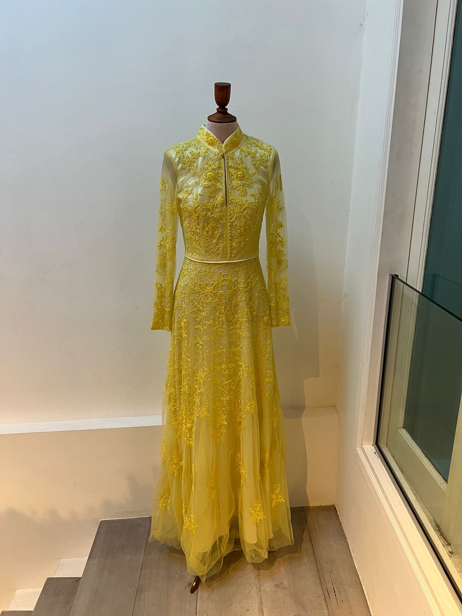 Yellow Mandarin Collared Embroidered Gown