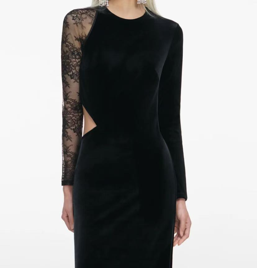 Louise Long Sleeve Velvet Lace Long Dress
