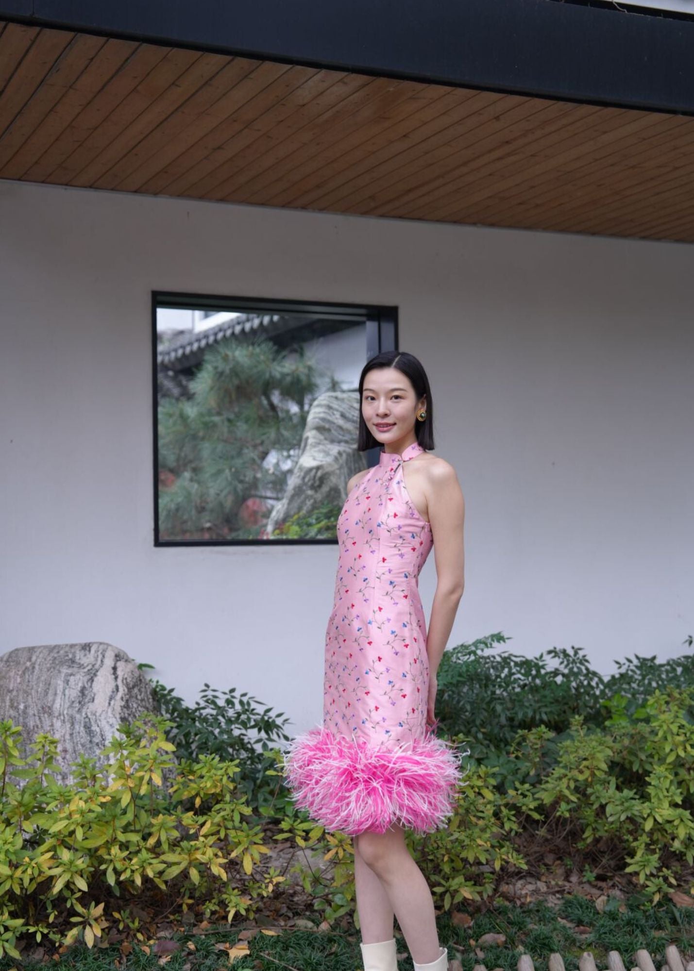 [BESPOKE] Kylli Halter Neck Cheongsam with Ostrich Feather