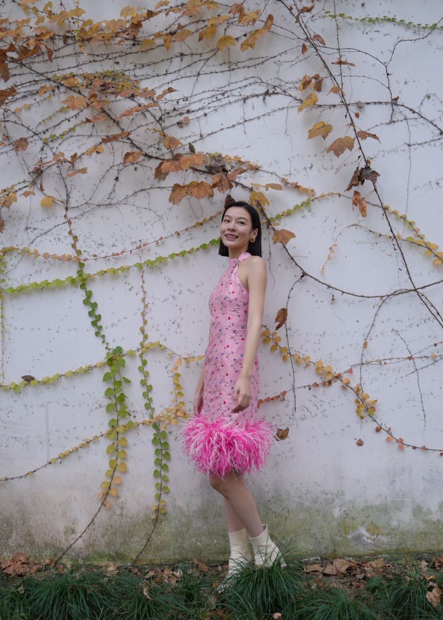 [BESPOKE] Kylli Halter Neck Cheongsam with Ostrich Feather