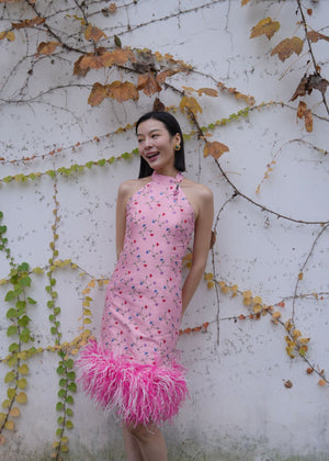 [BESPOKE] Kylli Halter Neck Cheongsam with Ostrich Feather