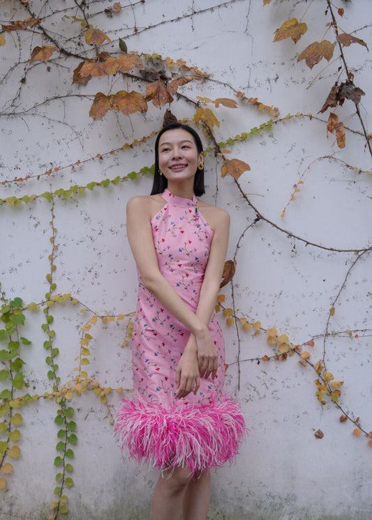 [BESPOKE] Kylli Halter Neck Cheongsam with Ostrich Feather