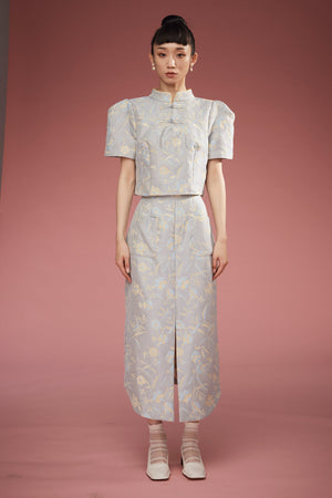 Yuan Floral Embossed Silk Skirt