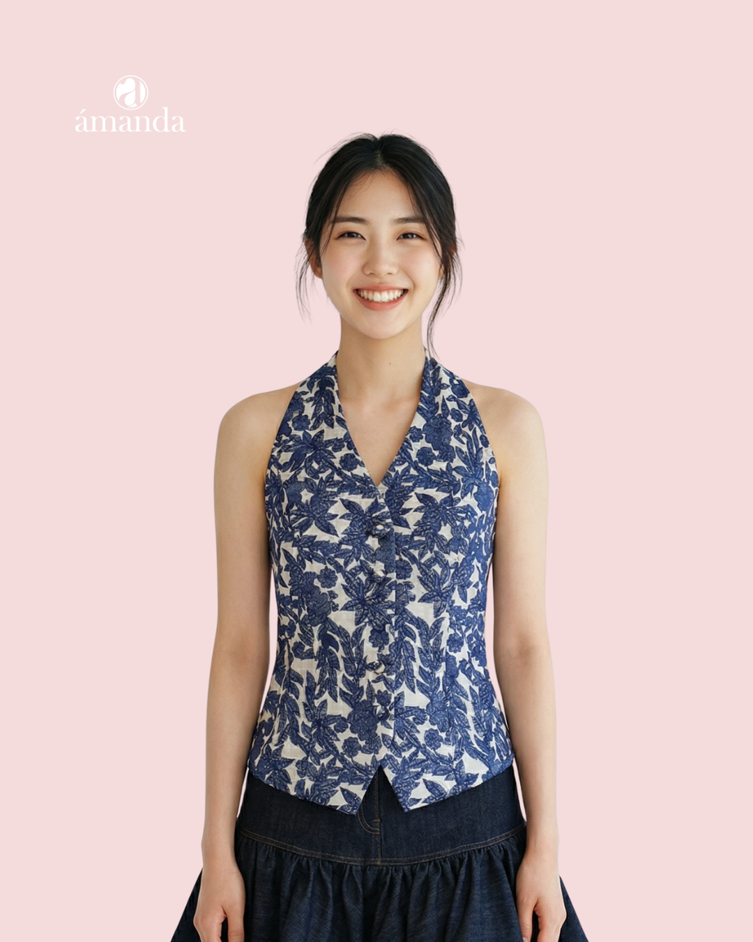 [Bespoke] Ambre Halter Neck Vest Top - Thai Silk Embroidery