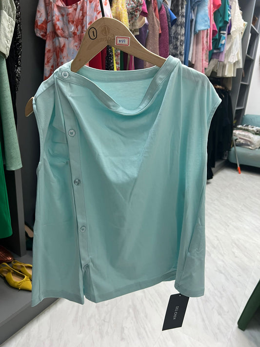 Paisley Front Button Asymmetrical Sleeveless Top