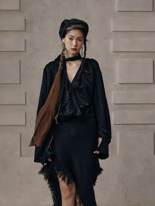 [Pre-Order] Deverell V Neck Ruffle Long Sleeve Blouse