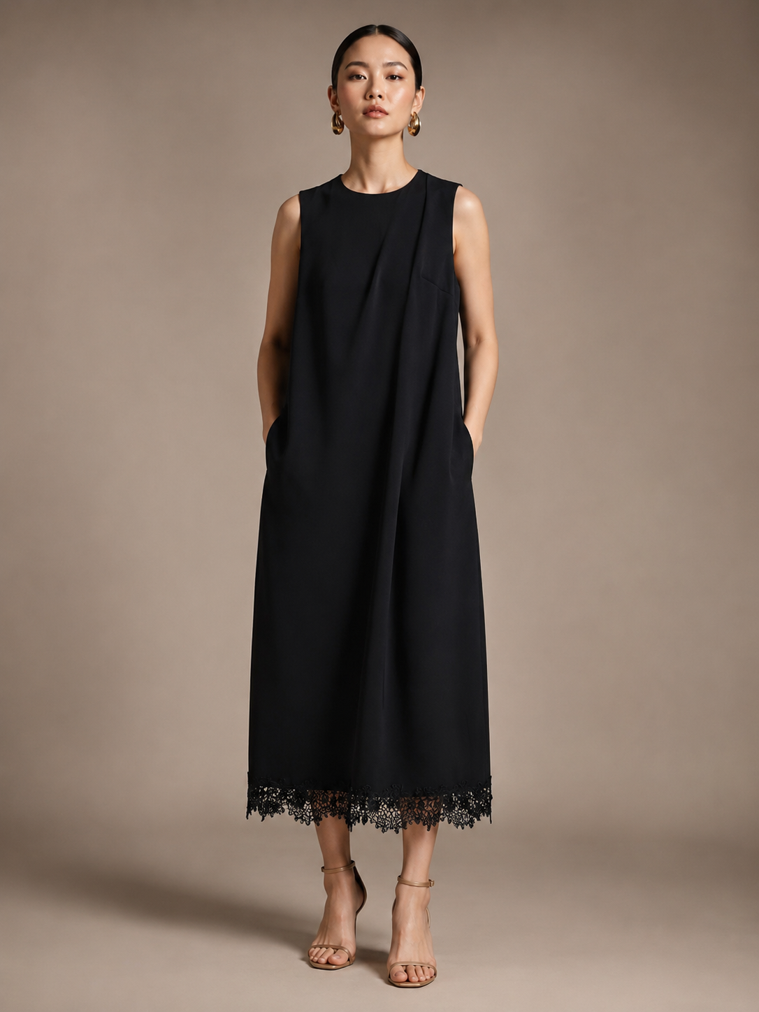 Nin Sleeveless Lace Hem Midi Dress