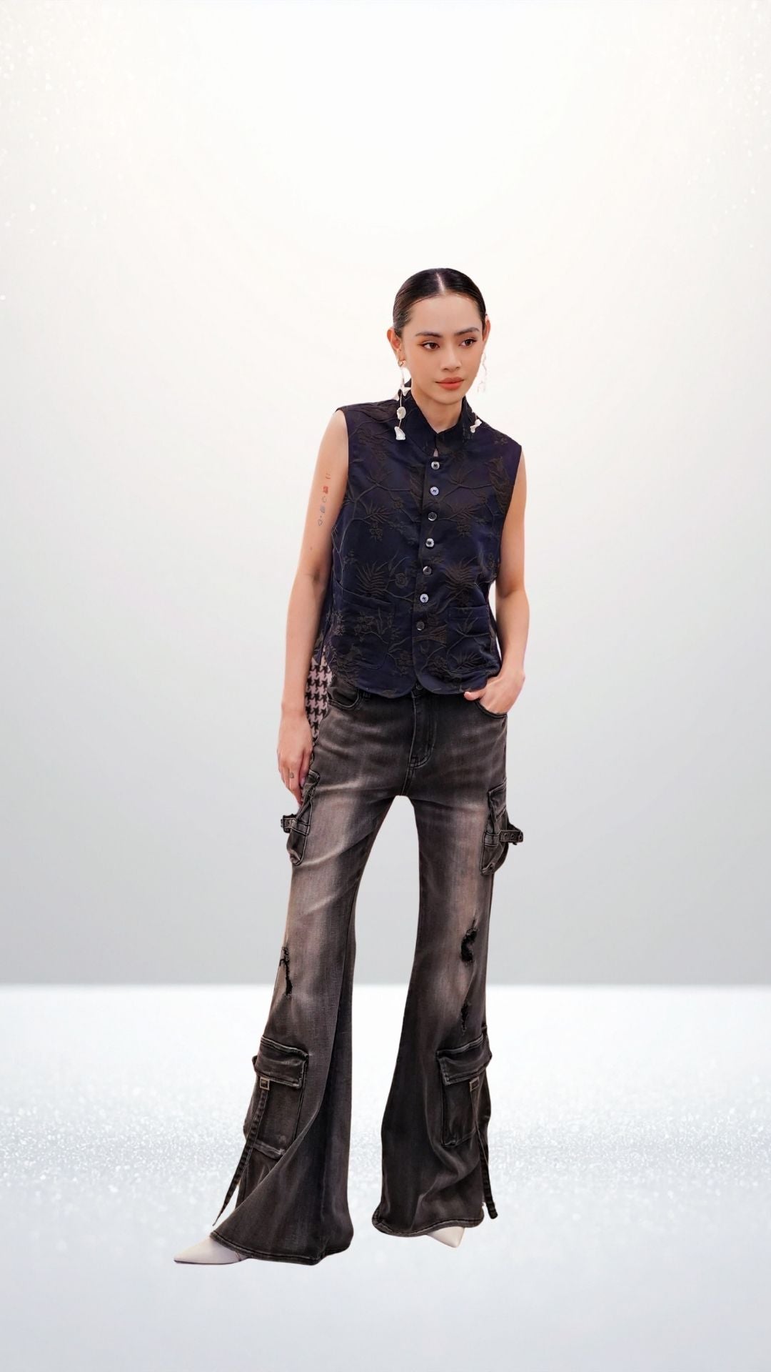 Ling Xi Vintage Wash Utility Flare Pants