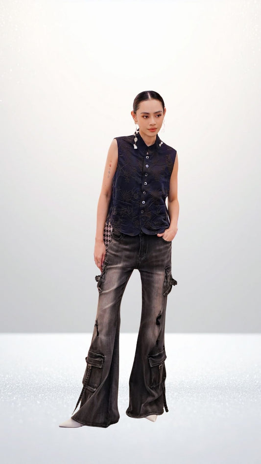 Ling Xi Vintage Wash Utility Flare Pants
