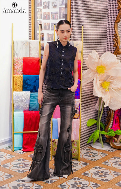 Ling Xi Vintage Wash Utility Flare Pants