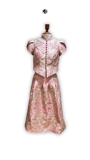 Qing Floral Silk Embossed Pleated Skirt