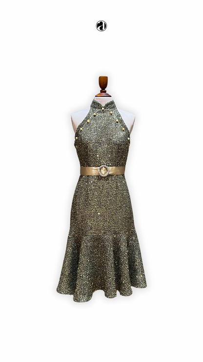 [BESPOKE] Jing Metallic Halter Cheongsam Dress