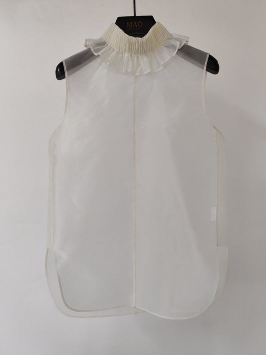Jiaren Sheer Gathered Scalloped Sleeveless Top