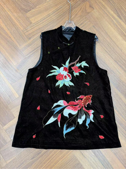 Yī nuò Velvet Embroidery Long Vest