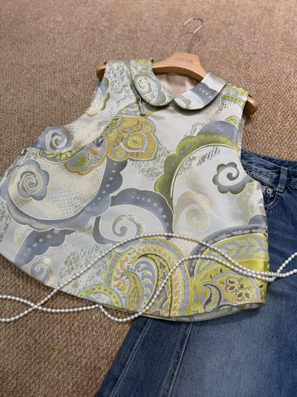 Hui Hui Song Brocade Peter-pan Collar Vest