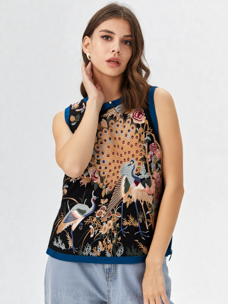 Shuang Shuang Peacock Embroidery Vest
