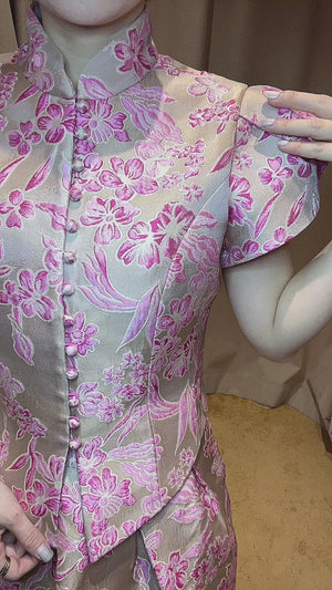 Qing Floral Silk Embossed Pleated Skirt