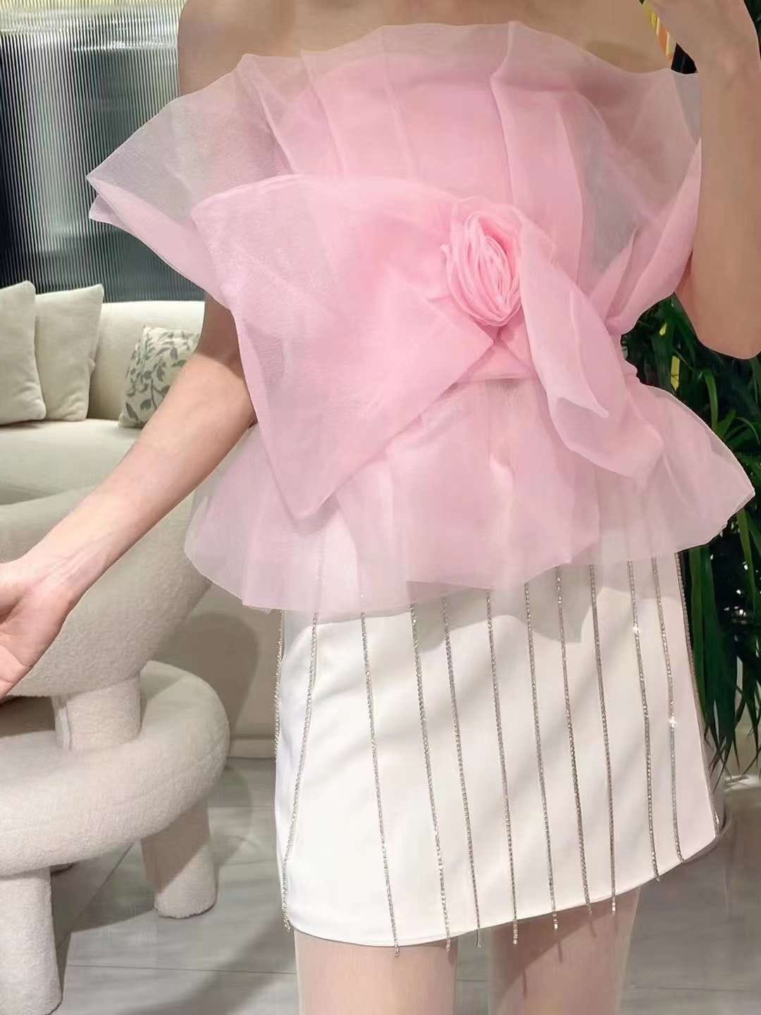 Rosy Pleated Organza Tube Top