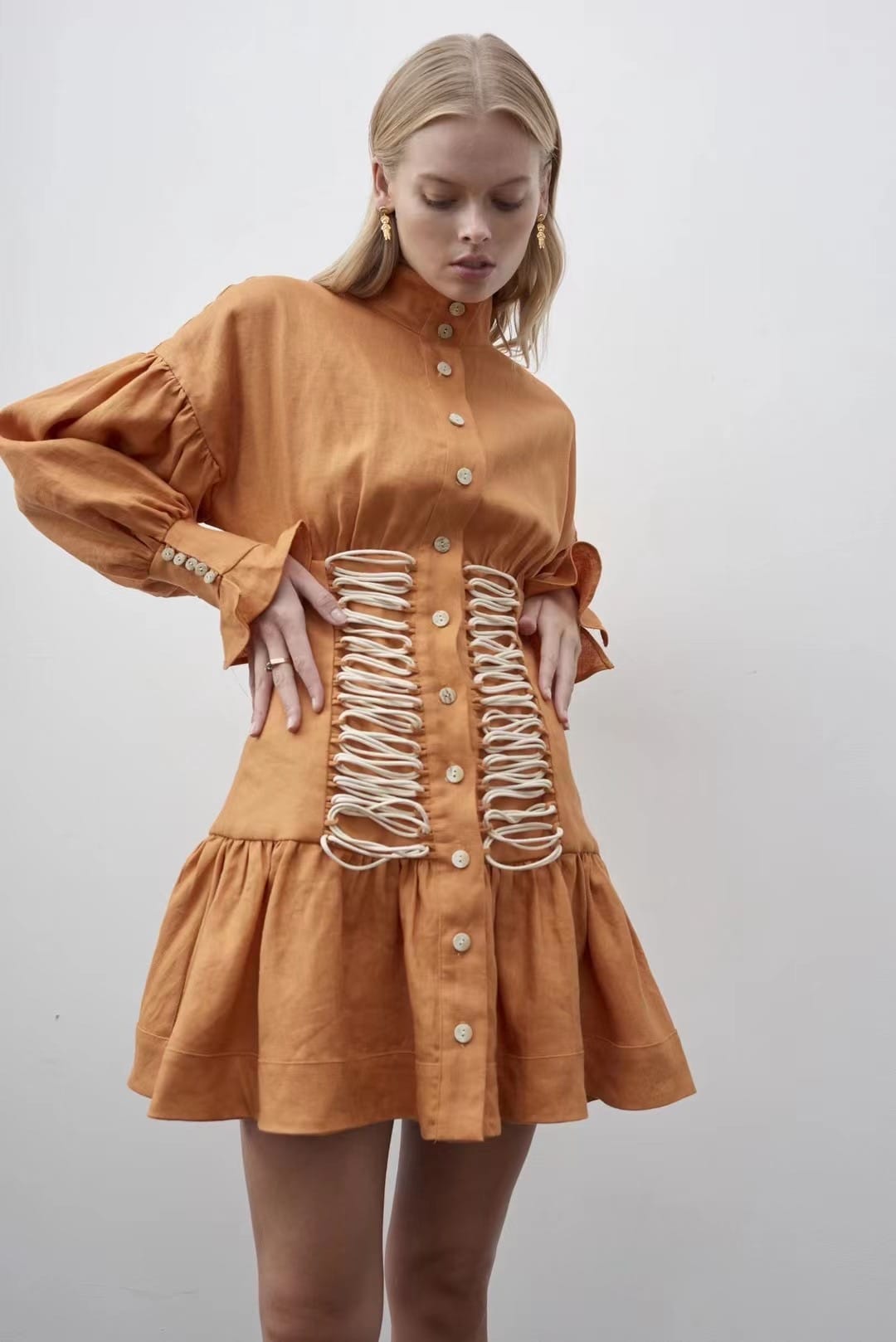 Pumpkin Lace Up Front Mini Dress