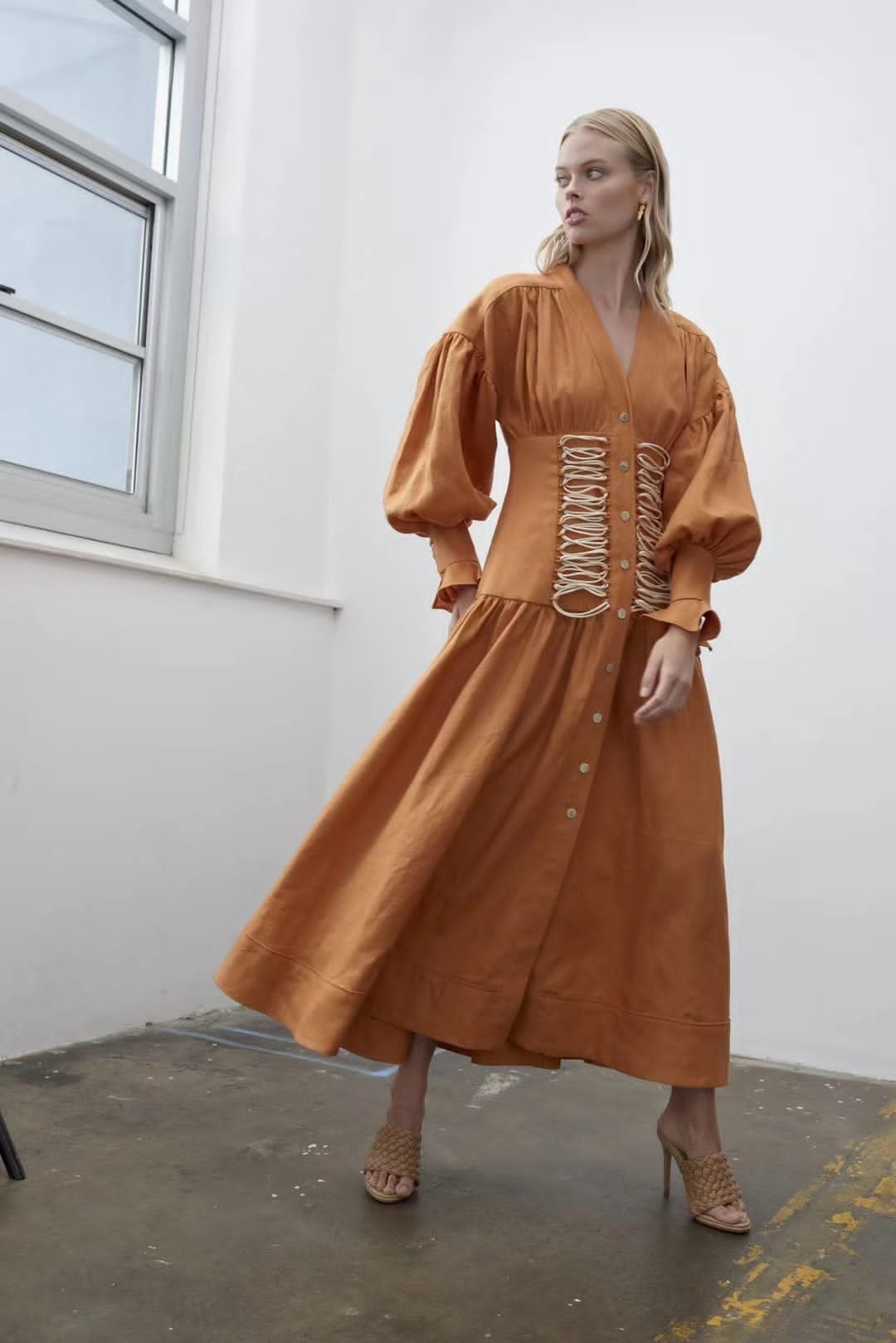 Pumpkin Lace Up Front Maxi Dress