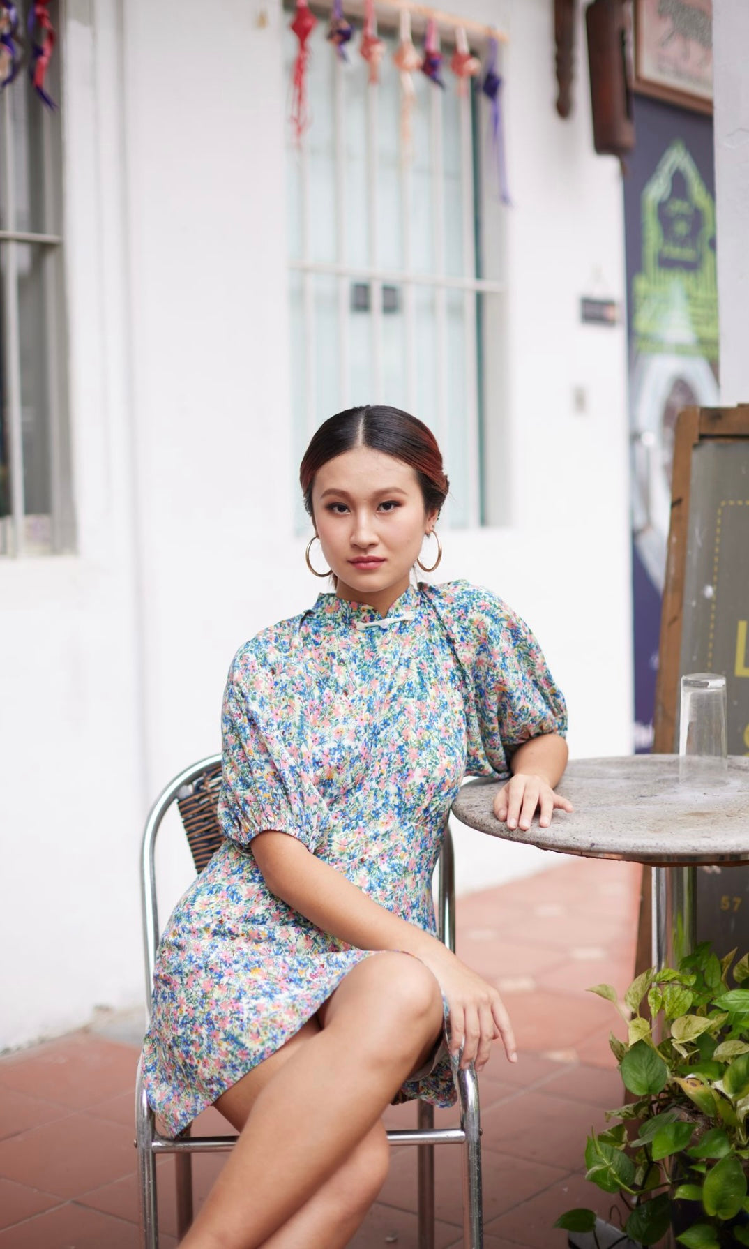 Cherry Blossom Puffy Sleeve Mini Cheongsam