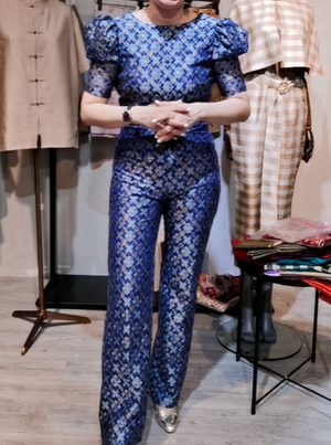 Sloane Checkerd Lace Puff Sleeve Long Jumpsuit